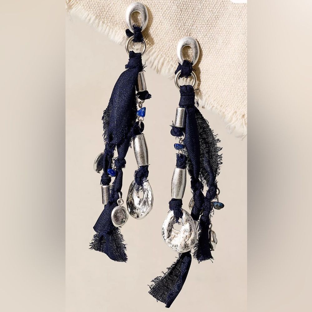 NWT Free People Silver & Navy Dangle Earrings Funky Textile Design with Charms - Picture 2 of 9
